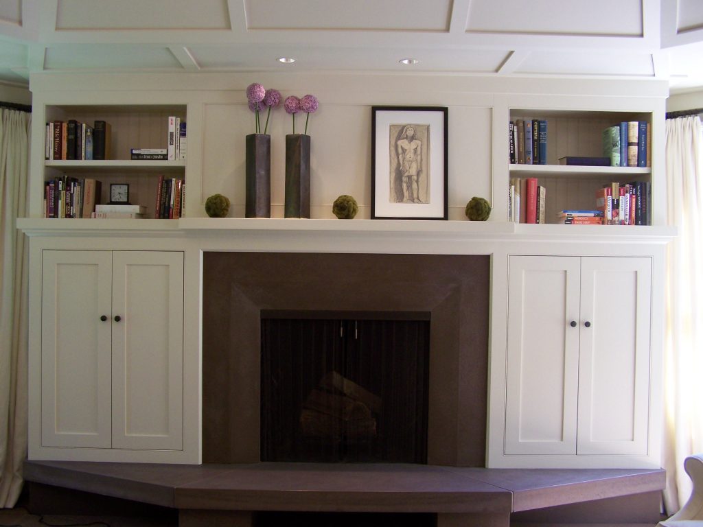 Raised hearth fireplace wall cabinets Craftsman style